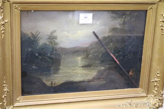 19th century Danish School, oil on panel, South American? river landscape under moonlight, 27 x 40cm